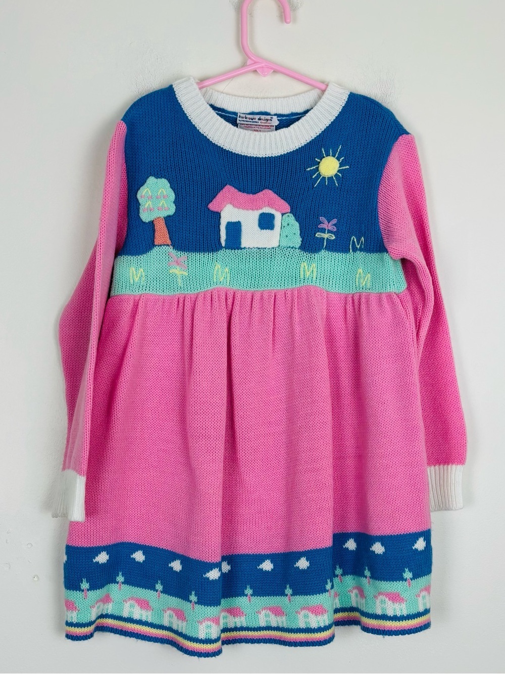 Vintage 90s Cottage Scene Sweater Dress 3D Novelty Knit Girls Size 5